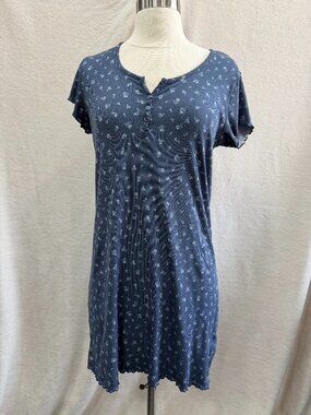 Laura Ashley Nightgown Medium Blue Floral Ribbed Sleep Shirt Short Sleeve